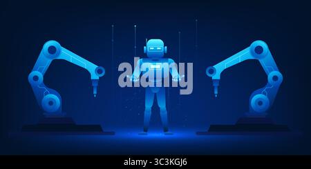 Futuristic vector illustration of an AI-powered factory where robotic arms and high-tech machines assemble humanoid robots. The concept shows artifici Stock Vector