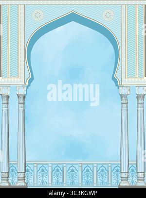 Mughal architectural frame a grand arched opening, ornate columns, floral and geometric patterns in soothing shades of blue. Stock Vector