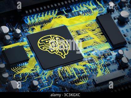 Electronic circuit board with AI processor, close up Stock Photo