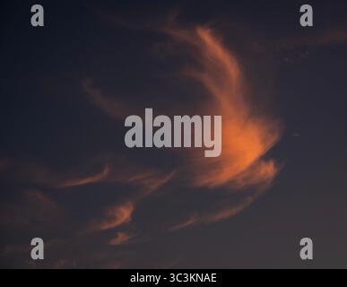 Last of the evening sunlight illuminates whisky clouds as the sun sets, Worcestershire, England. Stock Photo