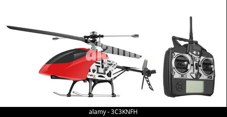 Remote controlled helicopter with controlling handset, isolated on white background Stock Photo