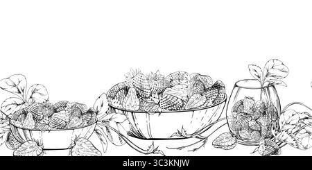 Strawberry with leaves, tendrils in glass bowls, hand drawn in vector ink, scattered ripe picked berry harvest. Isolated seamless banner. Dessert cafe Stock Vector