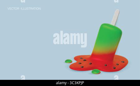 Realistic vector illustration of a melting watermelon popsicle with seeds on a light blue background. Stock Vector