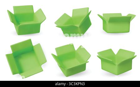 Collection of isometric open boxes on white background. Ideal for delivery, shipping, packaging, and online store visuals. Stock Vector