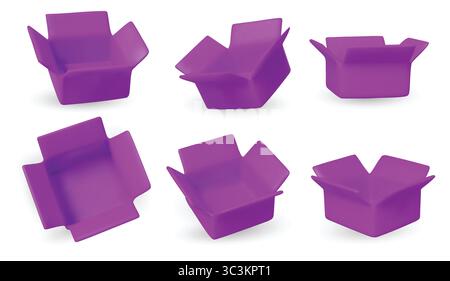 Collection of isometric open boxes on white background. Ideal for delivery, shipping, packaging, and online store visuals. Stock Vector
