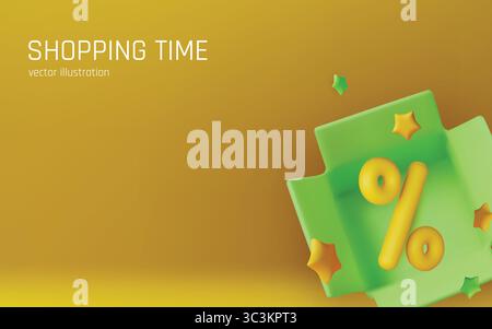 Modern 3D render of discount concept with percent sign inside a open box on a gradient background. Great for e-commerce promotions and sales design Stock Vector