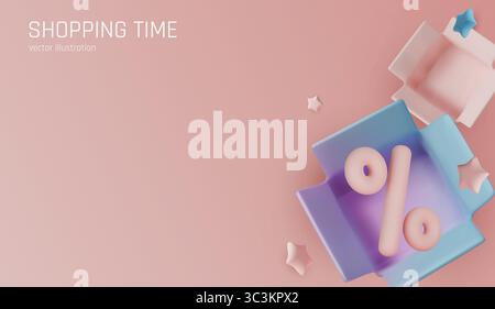 Modern 3D render of discount concept with percent sign inside a open box on a gradient background. Great for e-commerce promotions and sales design Stock Vector
