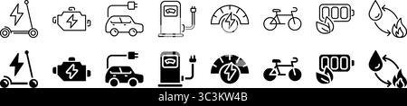 Electric vehicles and energy icon set. Linear and silhouette style. Stock Vector