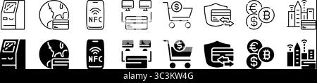 Digital payment and global banking icon set. Linear and silhouette style. Stock Vector
