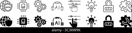 Related to internet security set. AI technology, settings, microchip, innovation. Stock Vector