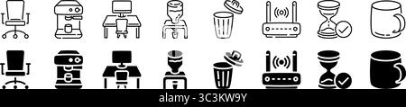 Office essentials and equipment icon set. Linear and silhouette style. Stock Vector