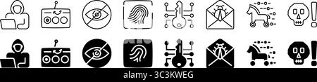 Cyber security and hacking icon. Including hacker set. Linear and silhouette style. Stock Vector