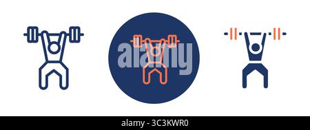 Three people lifting weights in a circle. The circle is blue and white. The people are lifting weights in different positions Stock Vector