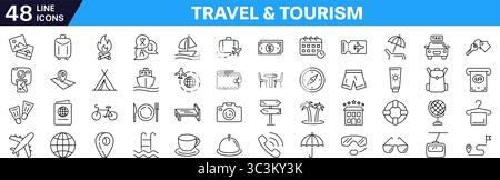 Travel and tourism Icon set. Editable stroke. Linear style. Stock Vector