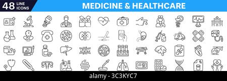 Medicine icon set. Healthcare symbol. Linear icon. Stock Vector