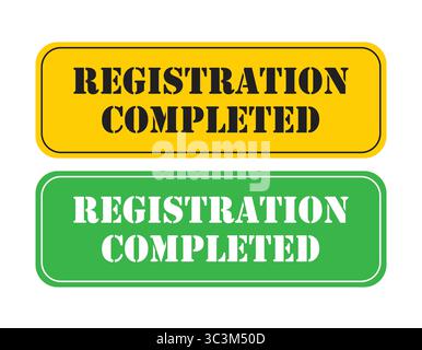 Registration Completed green and yellow Label Vector Set for Confirmation and Success Message Design. Registered Stamp banner sign sticker Stock Vector