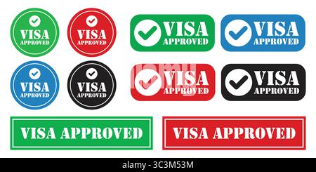 Visa Approved Stamp Vector Icons Set in Multiple Colors and shapes. Visa approved vintage rubber stamps set on white background Stock Vector
