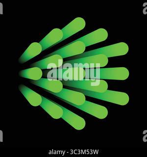 Vibrant Neon Green Glowing 3D Cylinders Ray Burst Vector Illustration with Glow Effect on Black Background. Stock Vector
