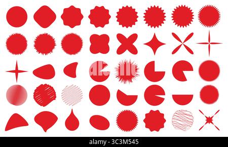 Set of red starburst. Red Abstract Shape Vector Pack with Unique Badge and Decorative Icons. Red starburst sticker set. Stock Vector