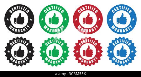 Certified Warranty Thumbs Up Badge stamp Vector Icon set in Multiple Colors and designs Stock Vector