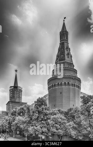 The scenic Corner Arsenalnaya Tower of the Moscow Kremlin facing Manezhnaya Square in Moscow, Russia Stock Photo