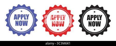 Apply Now Vector Badge Set in Red Blue and Black Colors for Promotions. Apply now banner design sticker. Vector illustration Stock Vector