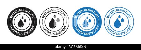 Water Resistant Badge Stamp Vector icon Set in Black and Blue. Water resistant logo design. Water proof icons for Packaging and Product Labels. Stock Vector