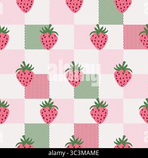 Colorful plaid style with strawberries pattern. Geometric check tablecloth print in pink green color. Fun checkered repeat background for textile home Stock Vector