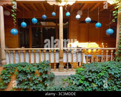 The house veranda with the ceramic decoration. Rishtan, Uzbekistan. Stock Photo