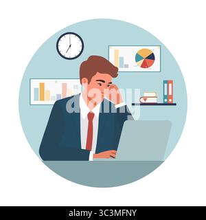 Businessman working on laptop in office with charts in background, analyzing data and planning. vector Stock Vector