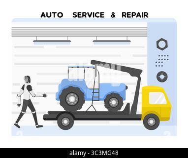 Auto service station with robot examining car on lift platform in workshop setting vector Stock Vector