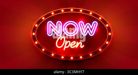 Now Open. Retro light sign. Signboard with lamps border. Vintage style banner. Vector illustration. Stock Vector