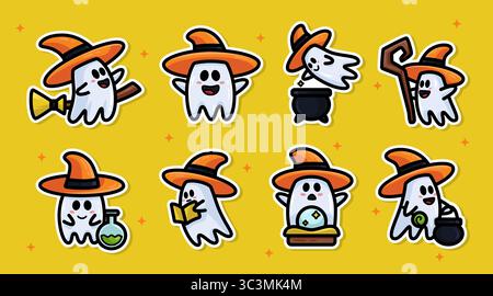 Cute ghost sticker character set with orange witch hat. Adorable witch ghost sticker collection on yellow background perfect for Halloween Stock Vector