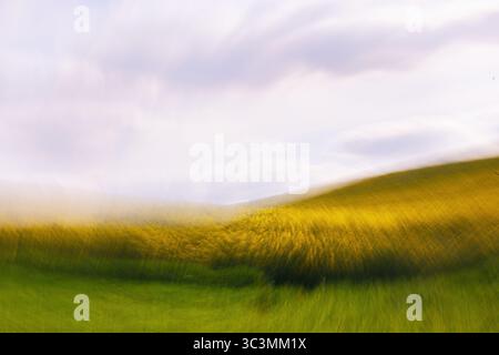 An artistic impression of a rural landscape featuring vibrant yellow and green fields under a pastel sky, blending colors in a minimalist, abstract st Stock Photo