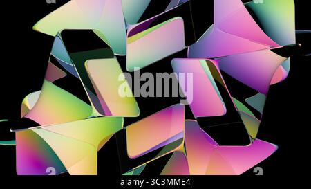 A dynamic composition of abstract geometric shapes with vivid pastel colors, creating a stunning visual contrast against a black background. Ideal for Stock Photo