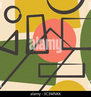 Abstract illustration featuring bold geometric shapes in vibrant colors. Playful design with overlapping circles, rectangles, and triangles creating a Stock Photo