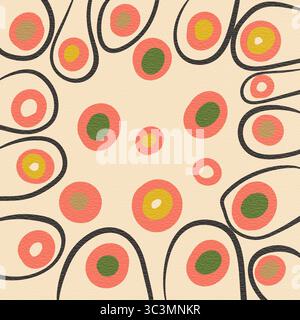 An abstract illustration featuring playful circles in pink, green, and yellow hues, surrounded by dynamic black line forms on a textured beige backgro Stock Photo