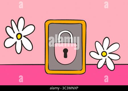 A digital illustration features a padlock on a phone screen, set against a pink background with two daisies. The image symbolizes security in a cheerf Stock Photo