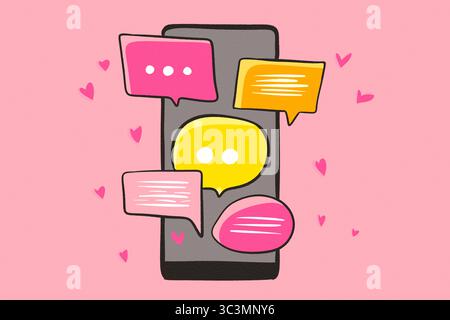 A smartphone with vibrant chat bubbles in pink, yellow, and orange on a pink background. Heart icons surround the device, representing modern digital Stock Photo