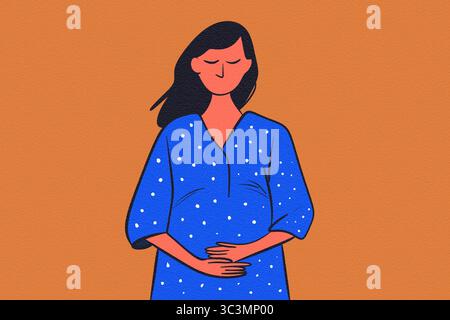 Illustration of a pregnant woman in a blue dress with white dots, hands on her belly, against a simple brown background, depicting calmness and expect Stock Photo