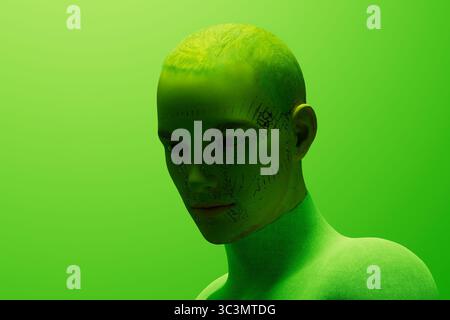 Android man features a sleek design and minimalistic aesthetic, contrasted against a vibrant green background. Stock Photo