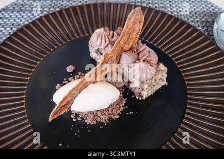 Elegant dessert plate featuring chocolate cake bites topped with rich mousse and garnished with a crisp chocolate shard, accompanied by a quenelle of Stock Photo