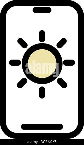 This crisp icon displays a smartphone featuring a sun symbol, representing screen brightness adjustment for mobile display settings. Stock Vector