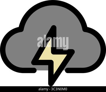 A stylized icon depicts a gray cloud with a bold lightning bolt, representing stormy weather conditions. Stock Vector