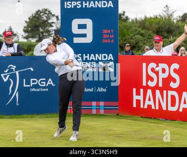 26 July 2025. Irvine , UK. Lottie Woad, from Farnham GC, England, played in the third round of the ISPS Handa Scottish Open golf Championship over Dundonald Links, Irvine, Ayrshire, Scotland. Lottie started the third round at minus 12 and finished with a score of minus 17, and leader in the clubhouse going into the final round. Credit: Findlay / Alamy live news Stock Photo