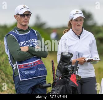 26 July 2025. Irvine , UK. Lottie Woad, from Farnham GC, England, played in the third round of the ISPS Handa Scottish Open golf Championship over Dundonald Links, Irvine, Ayrshire, Scotland. Lottie started the third round at minus 12 and finished with a score of minus 17, and leader in the clubhouse going into the final round. Credit: Findlay / Alamy live news Stock Photo