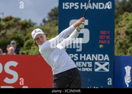 26 July 2025. Irvine , UK. Lottie Woad, from Farnham GC, England, played in the third round of the ISPS Handa Scottish Open golf Championship over Dundonald Links, Irvine, Ayrshire, Scotland. Lottie started the third round at minus 12 and finished with a score of minus 17, and leader in the clubhouse going into the final round. Credit: Findlay / Alamy live news Stock Photo
