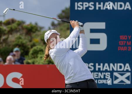 26 July 2025. Irvine , UK. Lottie Woad, from Farnham GC, England, played in the third round of the ISPS Handa Scottish Open golf Championship over Dundonald Links, Irvine, Ayrshire, Scotland. Lottie started the third round at minus 12 and finished with a score of minus 17, and leader in the clubhouse going into the final round. Credit: Findlay / Alamy live news Stock Photo