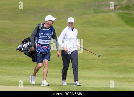 26 July 2025. Irvine , UK. Lottie Woad, from Farnham GC, England, played in the third round of the ISPS Handa Scottish Open golf Championship over Dundonald Links, Irvine, Ayrshire, Scotland. Lottie started the third round at minus 12 and finished with a score of minus 17, and leader in the clubhouse going into the final round. Credit: Findlay / Alamy live news Stock Photo