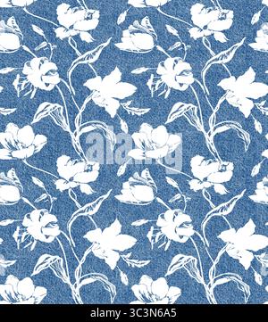A blue and white floral pattern on a denim texture creates a stylish and elegant design Stock Photo